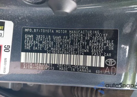 2017 Toyota Corolla Le from USA, damaged, VIN 2T1BURHE8HC867374